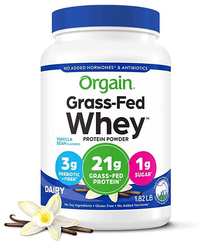 Orgain Grass Fed Whey Protein Powder, Vanilla Bean - 21g of Protein, Low Net Carbs, Gluten Free, Soy Free, No Sugar Added, Kosher, Non-GMO, 1.82 Lb (Packaging May Vary) - 732976290559