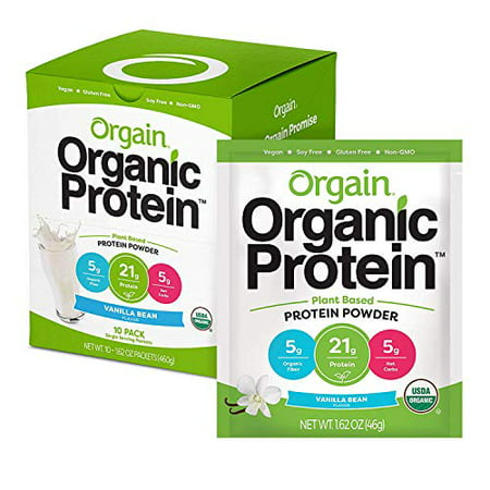 Orgain Organic Plant Based Protein Powder Travel Pack, Vanilla Bean - 21g of Protein, 5g of Fiber, No Dairy, Gluten, Soy or Added Sugar, Non-GMO, 1.62 Ounce (Pack of 10) (B07KYPFB67) - 851770007016