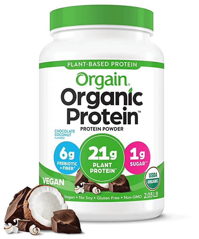Orgain Organic Vegan Protein Powder, Chocolate Coconut - 21g of Plant Based Protein, Low Net Carbs, Non Dairy, Gluten Free, Lactose Free, No Sugar Added, Soy Free, Kosher, Non-GMO, 2.03 Pound - 851770007559