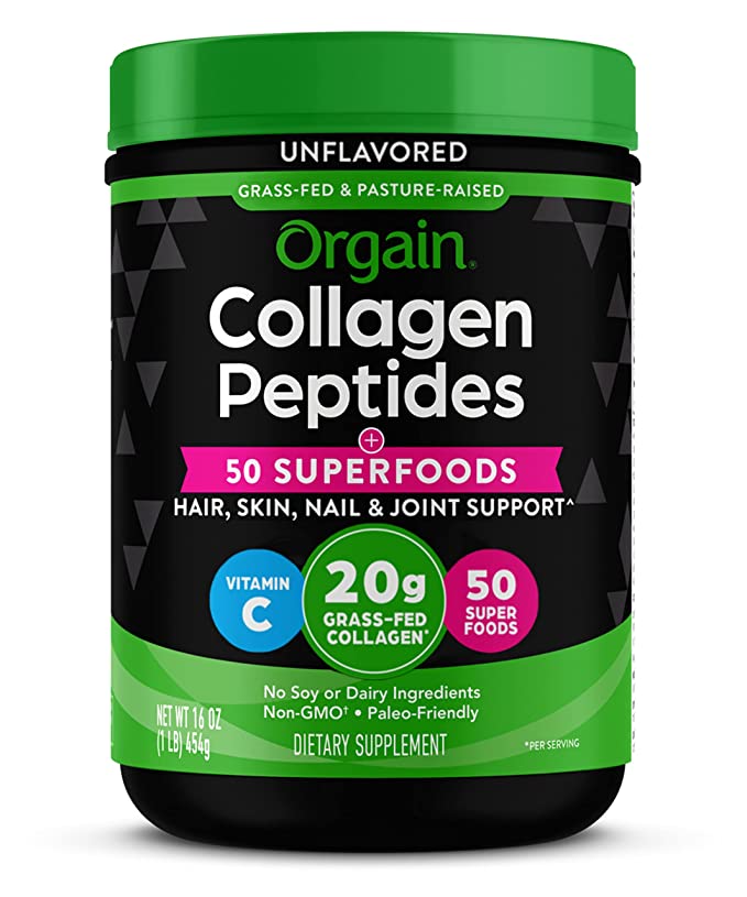  Orgain Hydrolyzed Collagen Peptides Powder + Superfoods, 20g Grass Fed Collagen - Hair, Skin, Nail, & Joint Support Supplement, Paleo & Keto, Non-GMO, Type I and III, 1lb (Packaging May Vary)  - 851770007733