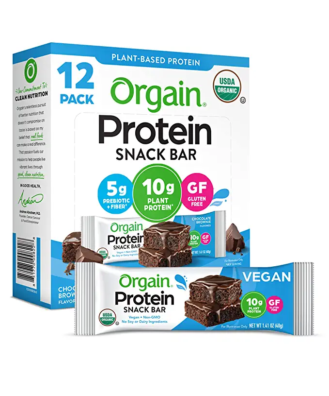 Orgain Organic Plant Based Protein Bar, Chocolate Brownie - 10g of Protein, Vegan, Gluten Free, Dairy Free, Soy Free, Lactose Free, Kosher, Non-GMO, 1.41 Ounce, 12 Count (Packaging May Vary) - 851770008228