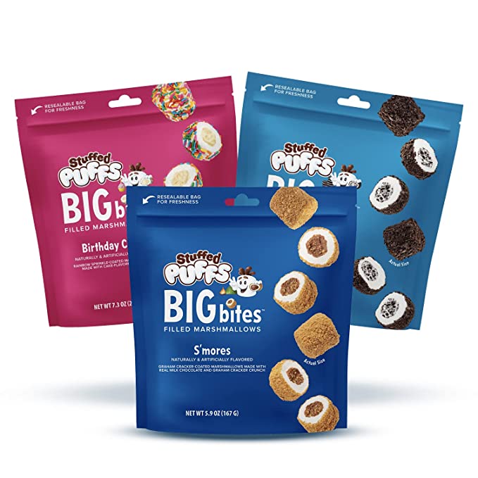 Stuffed Puffs Big Bites - Variety Pack Coated Marshmallows 3 Pack, 1 bag of each S'mores, Cookies n Crème, and Birthday Cake, Perfect for Snacking, Smores, Dessert, 3 Bags - 851932004709