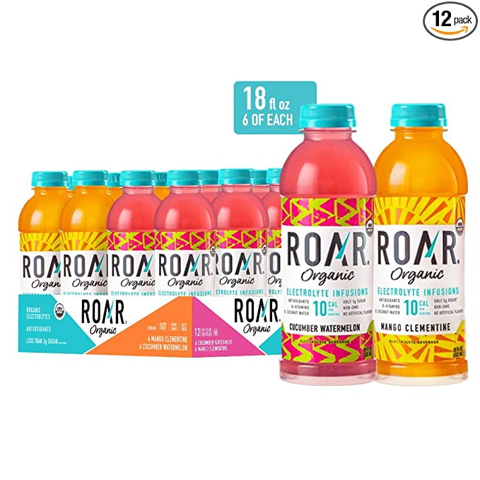  Roar Organic Electrolyte Infusions - USDA Organic with Antioxidants, B Vitamins, Low-Calorie, Low-Sugar, Low-Carb, Coconut Water Infused Beverage 18 Fl Oz (Pack of 12) (2-Flavor Variety Pack)  - 851949004518