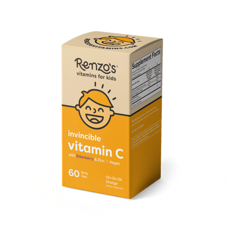 Renzo s Invincible Vitamin C for Kids with Elderberry & Zinc for Immune Support Vegan Vitamin for Kids Zero Sugar Oh-Oh-Oh Orange Flavor 60 Melty Tabs - 851989007029