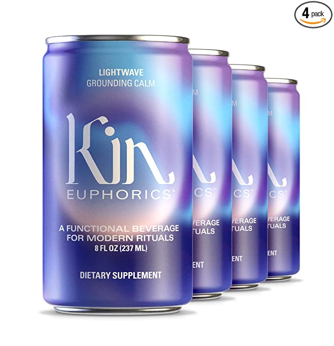  Lightwave by Kin Euphorics, Non Alcoholic Spirits, Ready to Drink, Nootropic, Botanic, Adaptogen Drink, Lavender-Vanilla, Ginger, and Birch, Calm the Mind and Mellow the Mood, 8 Fl Oz (4pk)  - 852333008181