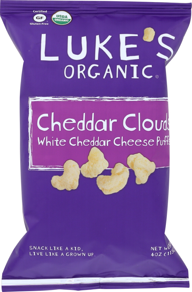 LUKE’S ORGANIC: Cheddar Clouds White Cheddar Cheese Puffs, 4 oz - 0852406003792