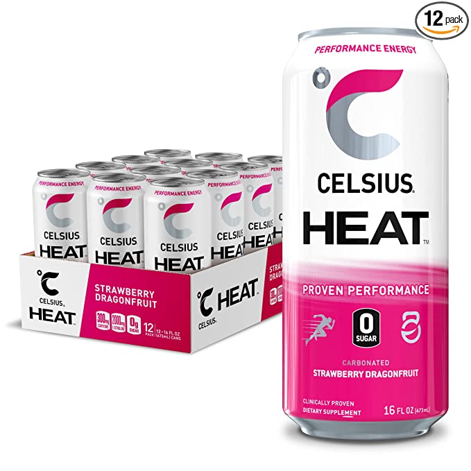  CELSIUS HEAT Strawberry Dragonfruit Performance Energy Drink, Zero Sugar, 16 Fl Oz (Pack of 12)  - 852480007082