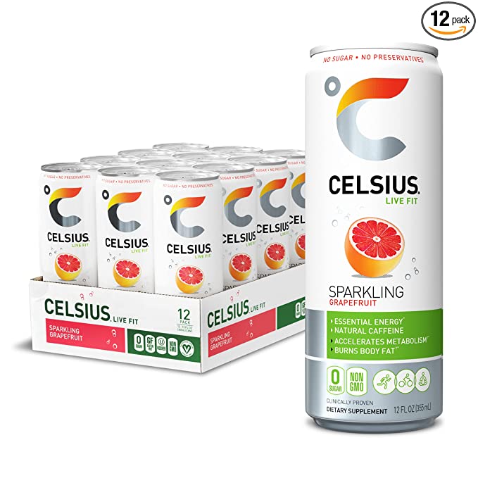  CELSIUS Sweetened with Stevia Sparkling Grapefruit Fitness Drink, Zero Sugar, 12oz. Slim Can (Pack of 12)  - 710051610355