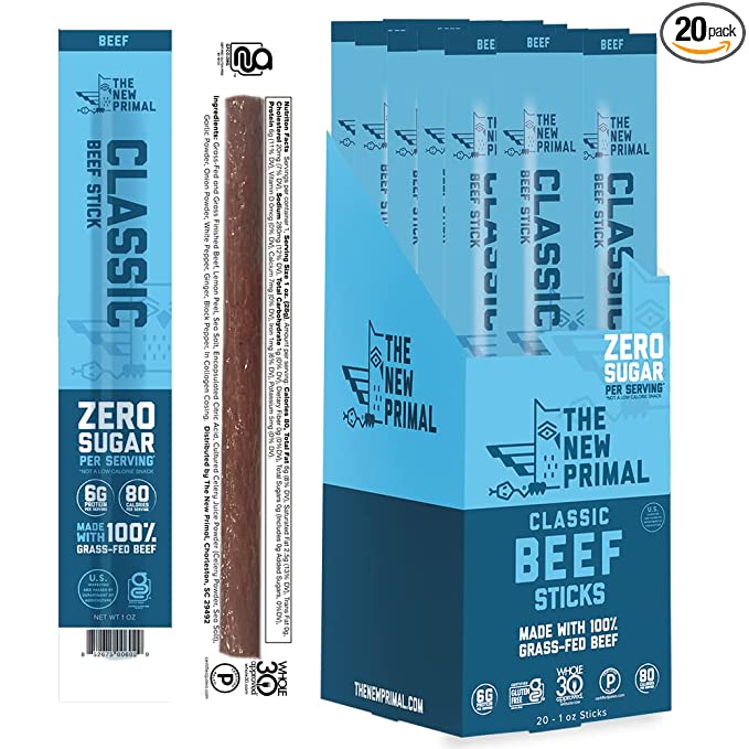  The New Primal Classic Beef Meat Stick, Whole30 Approved, Paleo, Keto, Pantry Staple, Certified Gluten Free, Low Carb, High Protein Snack, Sugar Free, Grass-fed Beef, 1 oz, Pack of 20  - 852675006050