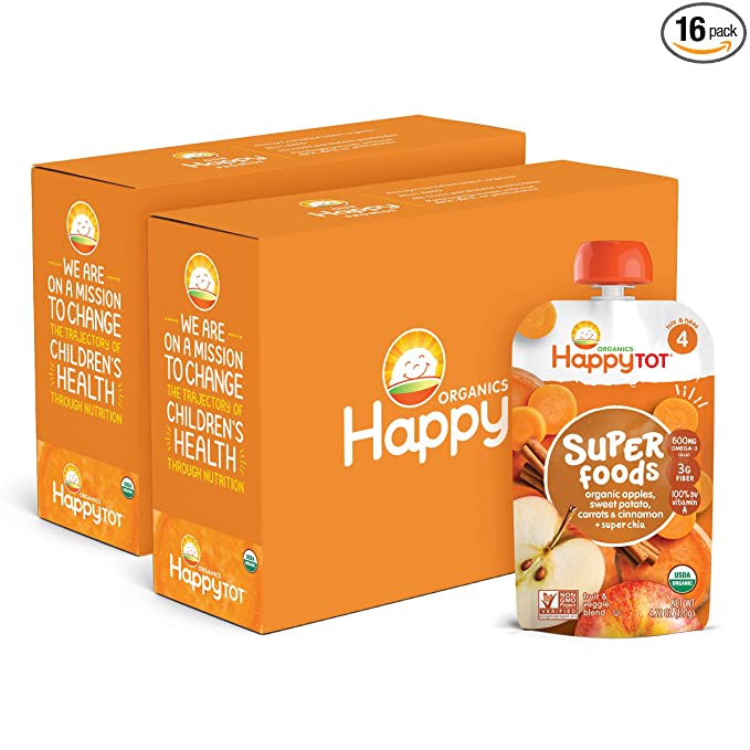 Happy Tot Organics Super Foods Stage 4, Apples, Sweet Potatoes, Carrots & Cinnamon + Super Chia, 4.22 Ounce Pouch (Pack of 16), Orange - 852697001286