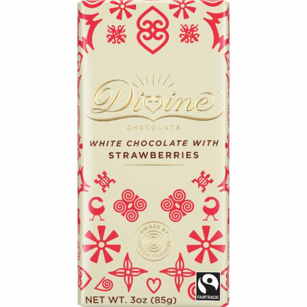 DIVINE CHOCOLATE: White Chocolate Bar with Strawberries, 3 oz - 0852749004685