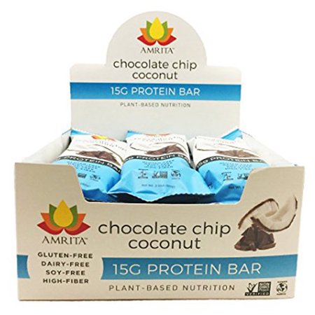 Paleo Chocolate Chip Coconut High Protein Bars - Gluten-Free, Dairy-Free, and Non-GMO Certified - Vegan, Raw, and Kosher - Kids Safe Snack - Clean Fuel for Athletes - Pack of 12 by Amrita - 853009004445