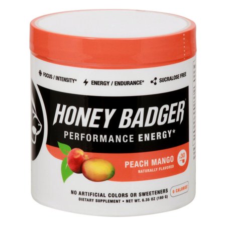 Honey Badger Vegan Keto Pre Workout Peach Mango Natural Paleo Sugar Free Plant-Based Energy Supplement Nootropics Amino Acids Nitric Oxide Sucralose Free + Non-Habit Forming 30 Servings - 853045004188
