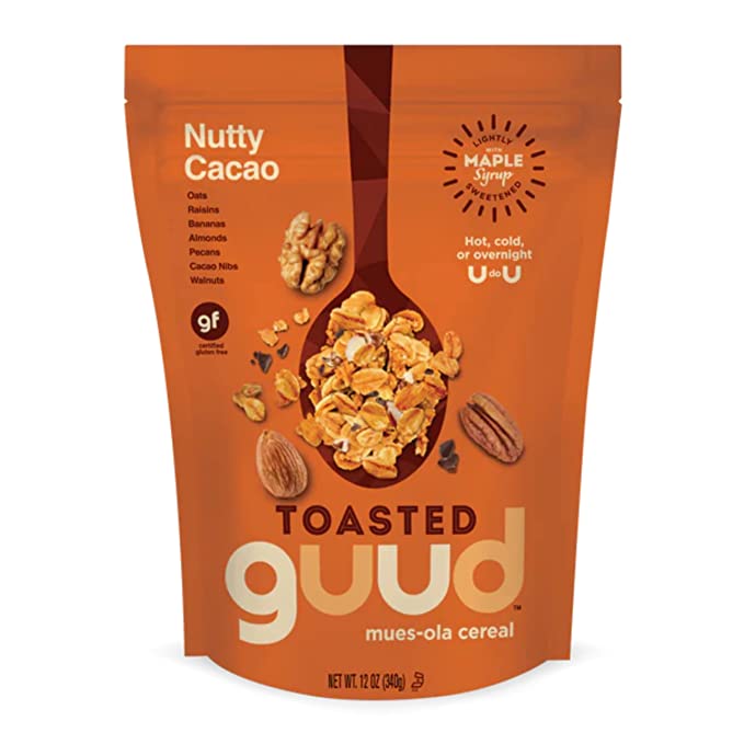  GUUD Nutty Cacao Toasted Muesola Cereal, 12 Ounce, Slightly Sweet Muesli, Gluten Free, Oats, Raisins, Bananas, Almonds, Pecans, Cacao Nibs, Walnuts, Vegan, Non-GMO Certified, Kosher - 853305003463
