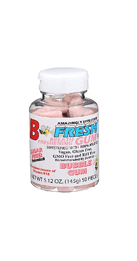 B Fresh Bubble Gum Flavor, 100% Xylitol Sweetened Gum, Natural Gum, Vegan, B12, Sugar Free, Aspartame Free ,50 Pieces, B Fresh Breath Freshening Gum - 853401001103
