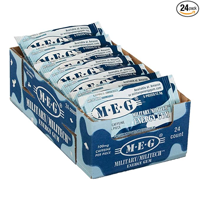 MEG - Military Energy Gum | 100mg of Caffeine Per Piece + Increase Energy + Boost Physical Performance + Arctic Mint 24 Pack (120 Count) - 767674606548