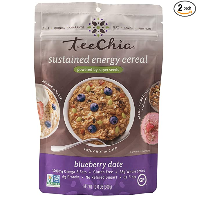  TeeChia Organic Super Seeds Cereal - Blueberry Date – Nutrient Dense Instant Breakfast, No Sugar Added, Gluten Free, High in Fiber, High in Protein, Non-GMO, 10.6 Ounce (Pack of 2) - 853510004309