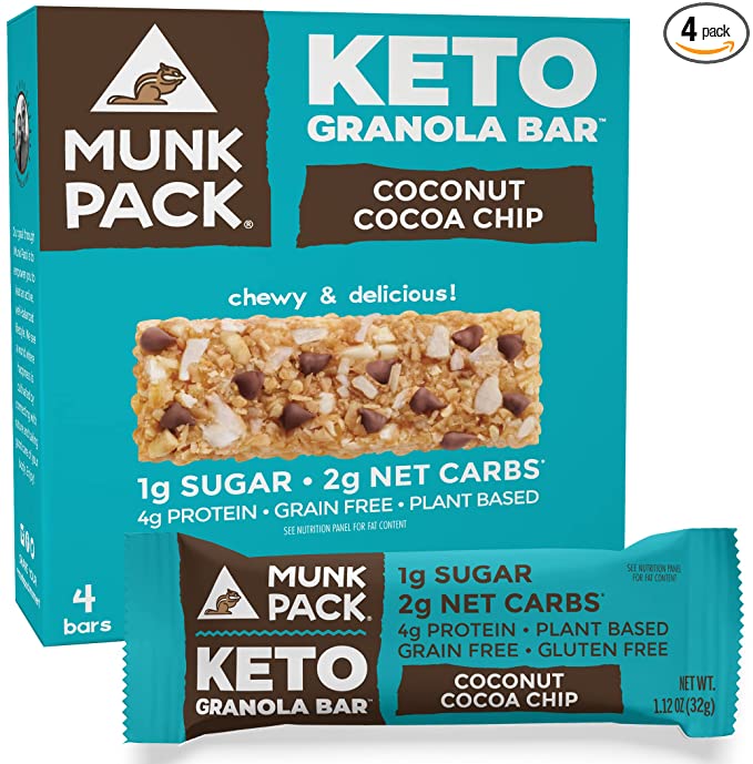  Munk Pack Keto Granola Bar Coconut Cocoa Chip, Grain Free and Vegan Free, 1g Sugar, 2g Net Carbs, 4g Protein (Pack Of 4)  - 853787005849