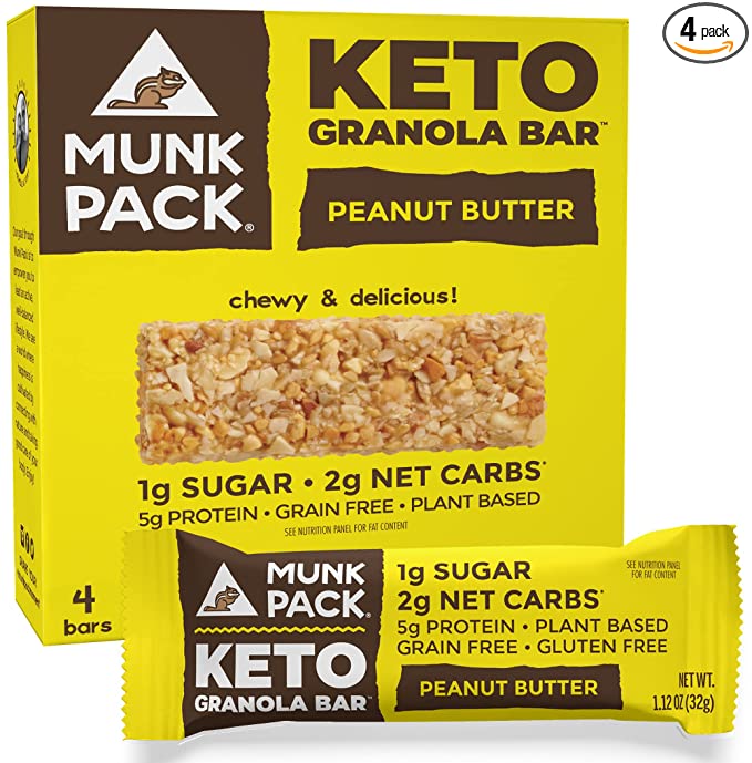  Munk Pack Keto Granola Bar, Grain Free, Vegan, 1g Sugar, 2g Net Carbs, 5g Protein, Peanut Butter, 1.12 Ounce (Pack of 4)  - 853787005221