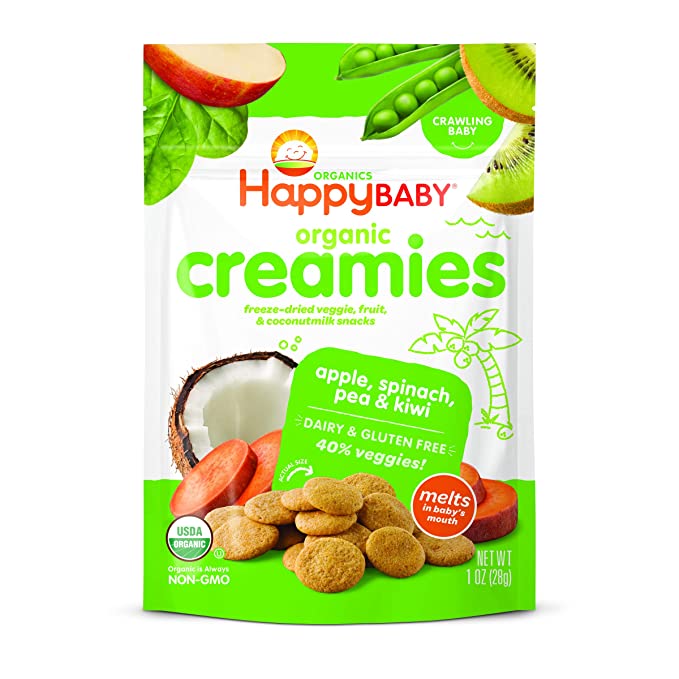 Happy Baby Organics Creamies Freeze-Dried, Gluten Free Veggie & Fruit Snacks with Coconut Milk, Apple Spinach Pea & Kiwi, 1 Ounce - 853826003584