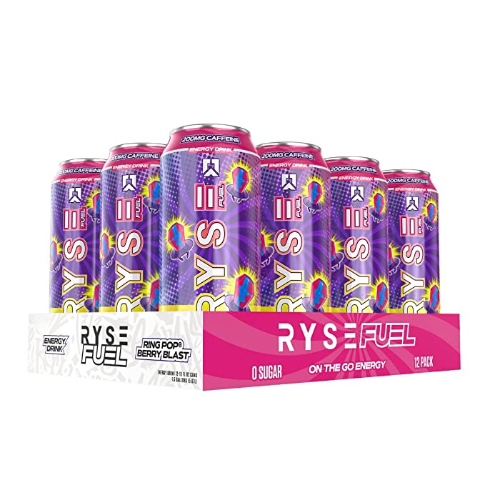  RYSE Fuel Energy Drink | Clean Focus & Intense, On The Go Energy | 0 Sugars | 0 Calories | Vegan | 200mg Caffeine | 12 Pack (Ring Pop Berry Blast)  - 854050008871