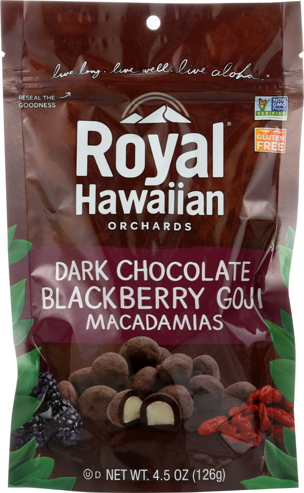 ROYAL HAWAIIAN ORCHARDS: Dark Chocolate Covered Blackberry Goji Macadamia Nuts, 4.5 oz - 0854171004288