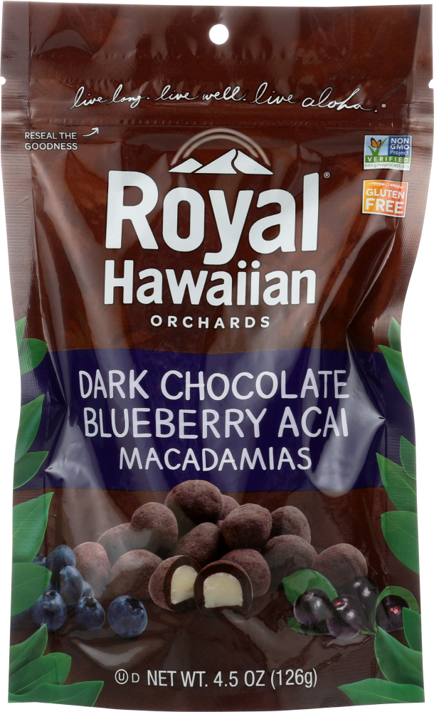 ROYAL HAWAIIAN ORCHARDS: Dark Chocolate Covered Blueberry Acai Macadamia Nuts, 4.5 oz - 0854171004295