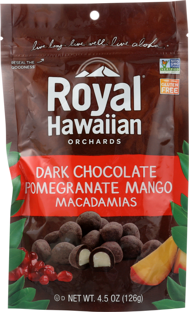 ROYAL HAWAIIAN ORCHARDS: Dark Chocolate Pomegranate Mango Macadamia Nuts, 4.5 oz - 0854171004301