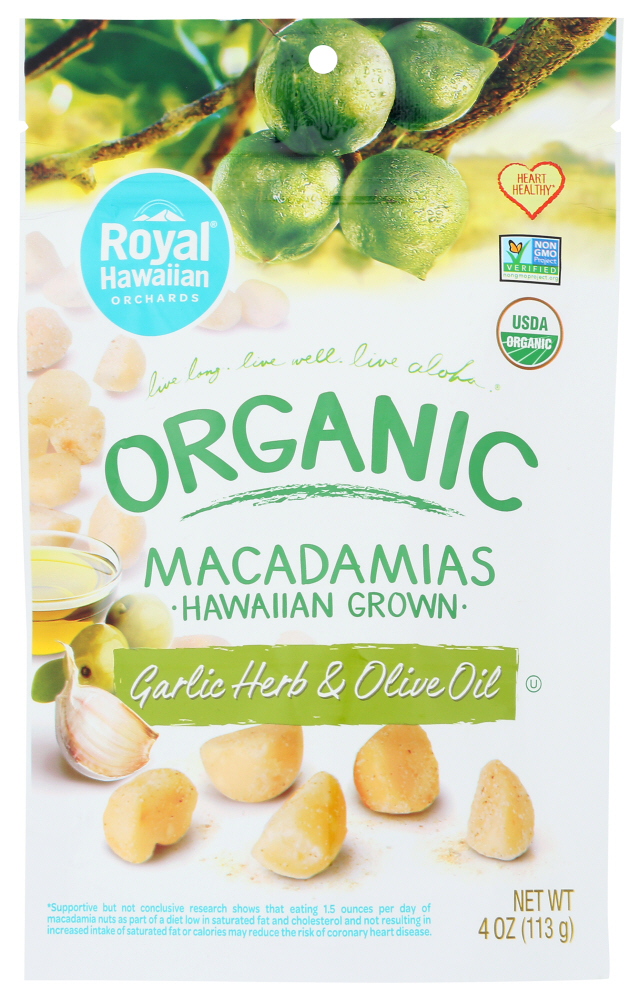 ROYAL HAWAIIAN ORCHARDS: Organic Garlic Herb & Olive Oil Macadamia Nuts, 4 oz - 0854171004745