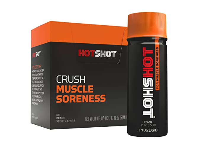  HOTSHOT Sports Shot Muscle Soreness Relief & Recovery, All-Natural Pre & Post Workout, NSF Certified for Sport, Organic & Scientifically-Proven Active Ingredients, Gluten-Free, GMO-Free (Peach) (1.7 Fl Oz (Pack of 6)  - 854306006125