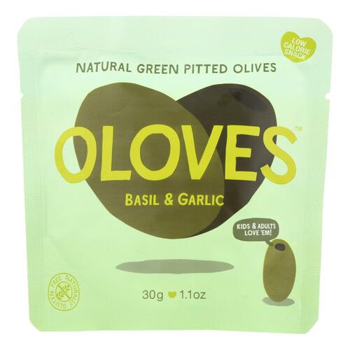 Oloves Green Pitted Olives - Basil And Garlic - Case Of 10 - 1.1 Oz. - 854918002119