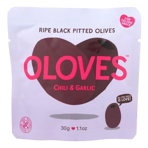 Oloves Black Pitted Olives - Chili And Garlic - Case Of 10 - 1.1 Oz. - 854918002126