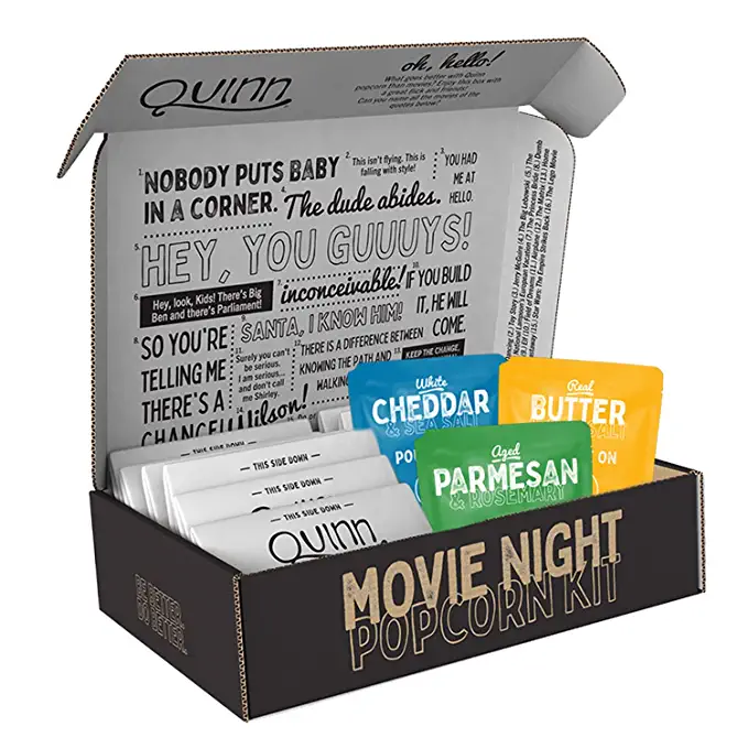  Quinn Movie Night Popcorn Variety Gift Kit, 3 Flavors - Real Butter, Parmesan & Rosemary, Non-Gmo, Organic Popcorn Kernels (9 bags)  - 854946007209