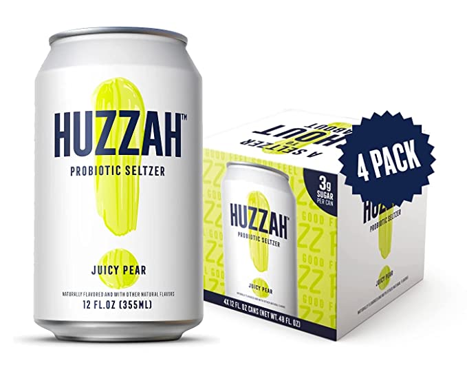 HUZZAH - A Healthy Sparkling Seltzer Water, Probiotic Drink - Juicy Pear - 4 Pack - Low Calorie & Low Sugar Bubbly Water Drink, Vegan and Gluten Free, 12 Fl. Oz Cans, Healthy Alternative to Soda - 855904002700