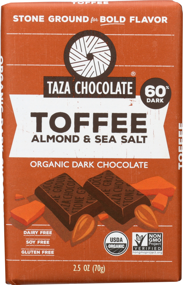 Taza Chocolate Stone Ground Organic Dark Chocolate Bar - Toffee Almond And Sea Salt - Case Of 10 - 2.5 Oz. - 856072004466