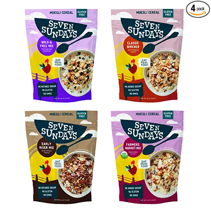  Seven Sundays Muesli Cereal Variety Pack - 4 Count, 12 Oz Bag - Certified Gluten Free Muesli - Non GMO, No Refined Sugar and Kosher - 856088003460