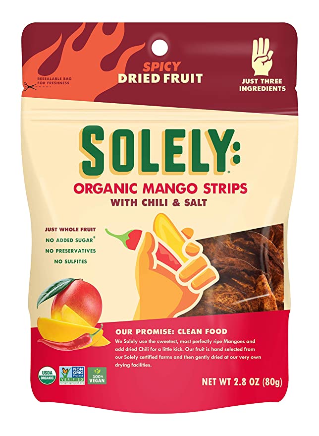 SOLELY Organic Dried Mango Strips with Chili and Salt, 2.8 oz | Three Ingredients | Vegan | Non-GMO | No Added Sugar - 856261006769