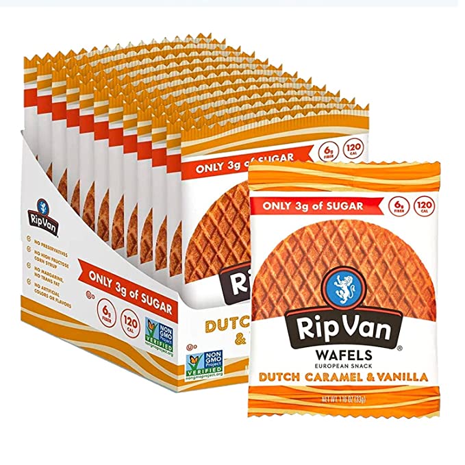 Rip Van WAFELS Dutch Caramel & Vanilla Stroopwafels - Healthy Snacks - Non GMO Snack - Keto Friendly - Office Snacks - Low Sugar (3g) - Low Calorie Snack - 12 Count (Packaging May Vary) - 856282003303