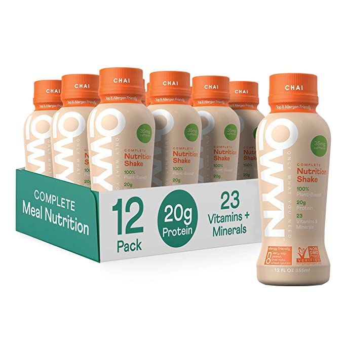 OWYN Vegan Meal Replacement Protein Shake for Weight loss, Chai, 20g plant based protein, 35mg caffeine, 23 Vitamins & Minerals, Gluten, soy & tree Nut-Free (12 pack) - 856461008495