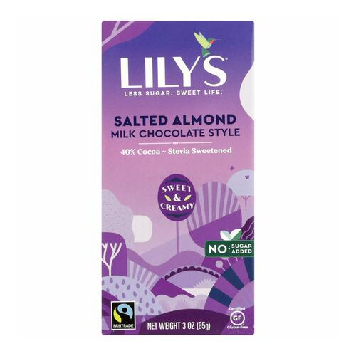 LILY’S SWEETS: Salted Almond & Milk Bar 40% Chocolate, 3 oz - 0856481003050
