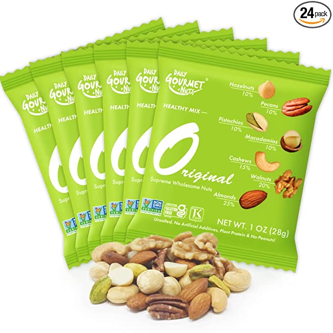  Daily Gourmet Nuts - Original Mixed Nuts / Unsalted Mixed Nuts Snack Packs/ Individually Wrapped Snacks / Nut Snacks / 24 Packs (1 OZ each) / No Peanuts / Deluxe Assorted Snack  - 856487007618