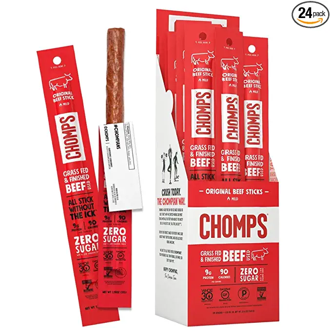  CHOMPS Grass Fed Original Beef Jerky Snack Sticks, Keto, Paleo, Whole30 Approved, Non-GMO, Gluten Free, Sugar Free, High Protein, 90 Calorie Snacks, 1.15 Oz Meat Stick, Pack Of 24  - 856584004008