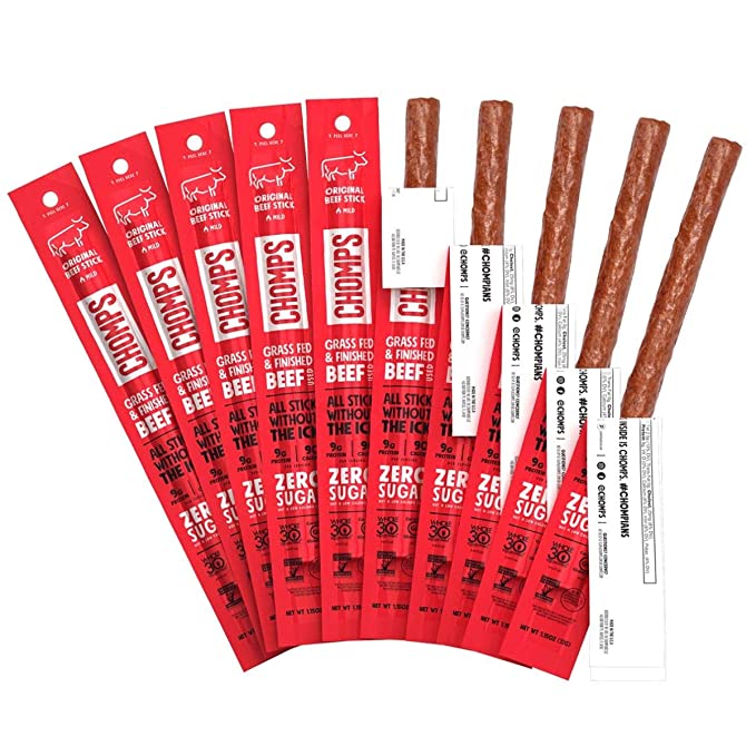  CHOMPS Grass Fed Beef Jerky Meat Snack Sticks, Keto, Whole30 Approved, Paleo, Low Carb, High Protein, Gluten Free, Sugar Free, Non-GMO, Nitrate Free, 90 Calories 1.15 Oz, Original Beef 10 Pack  - 856584004510