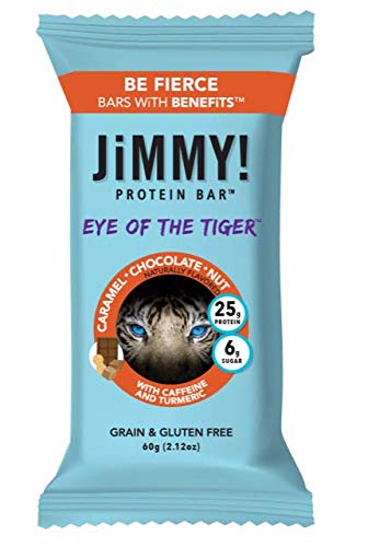  JiMMY! Protein Bar, Caramel Chocolate Nut, Eye of the Tiger, 12 Count - High Performance Energy Bar with Caffeine and Turmeric, Low Sugar, 25g of Protein, High Protein  - 856663007302
