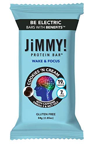 JiMMY! Protein Bar, Cookies and Cream, Wake and Focus, 12 Count - Energy Bar with Caffeine, Omega 3 and MCT Oils, Low Sugar, High Protein - 856663007845