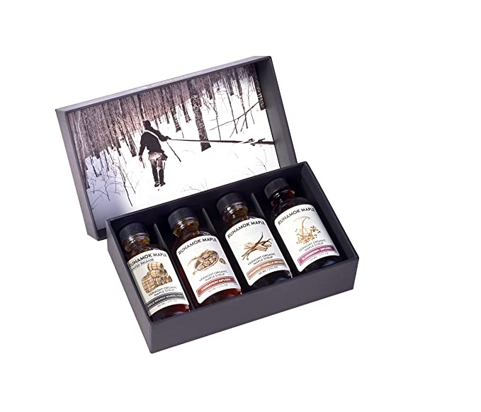  Runamok Maple Syrup Gift Box | Vermonter’s Gift Box | Apple Brandy, Cardamom, Cinnamon + Vanilla & Elderberry | 4 Samplers of Real Maple Syrup | 2 Fl Oz (60mL)  - 857158006268