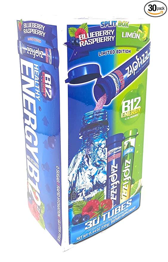  Zipfizz Healthy Energy Drink Mix, Hydration with B12 and Multi Vitamins,Split Box Blueberry Raspberry & Limon Limited Edition 30 Tubes (330 g)  - 857167006037