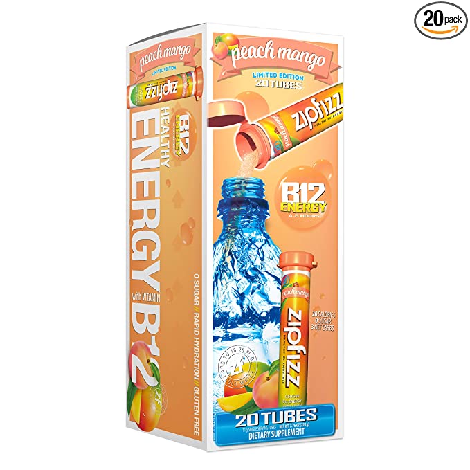  Zipfizz Energy Drink Mix, Electrolyte Hydration Powder with B12 and Multi Vitamin, Peach Mango, 7.76 Oz (Pack of 20)  - 857167006112