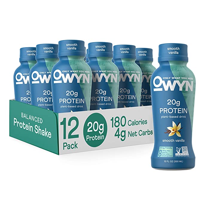  OWYN 100% Vegan Plant-Based Protein Shake, Smooth Vanilla, 12 Pack, with 20g Plant Protein, Omega-3, Prebiotic supplements, Superfoods Greens Blend, Gluten-Free, Soy-Free, Non-GMO  - 857335004988