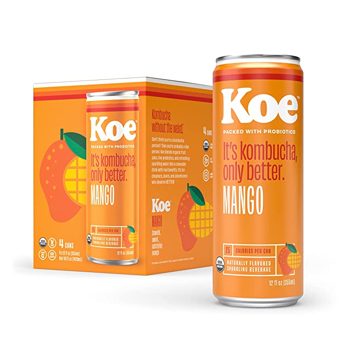 Koe Organic Kombucha Cans, Mango | Sparkling Fruit Drinks With Live Probiotics and Vitamin C | NEW PACKAGING - 12 oz Pack of 4 - 857416006474